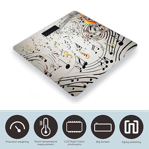 Music Notes Print Scale for Body Weight Anti-Slip Tempered Glass Digital Bathroom Scales Clear LCD Display Weighing Scale Safe Rounded Corners Smart Scales