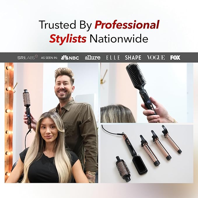 SRILabs CurlQ Extra Long Barrel 5-in-1 Curling Iron &amp Hair Styling Tool Set with Titanium Barrels Ceramic Paddle Brush Thermal Brush Fast Heat-Up &amp 12 Temperature Settings