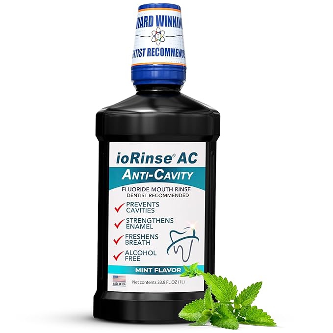 ioRinse AC Anticavity Fluoride Mouthwash - Alcohol-Free Molecular Iodine Mouth Wash Fights Tooth Decay &amp Protects Enamel - Safe Mint Rinse for Sensitive Mouths - Potent Bad Breath Protection