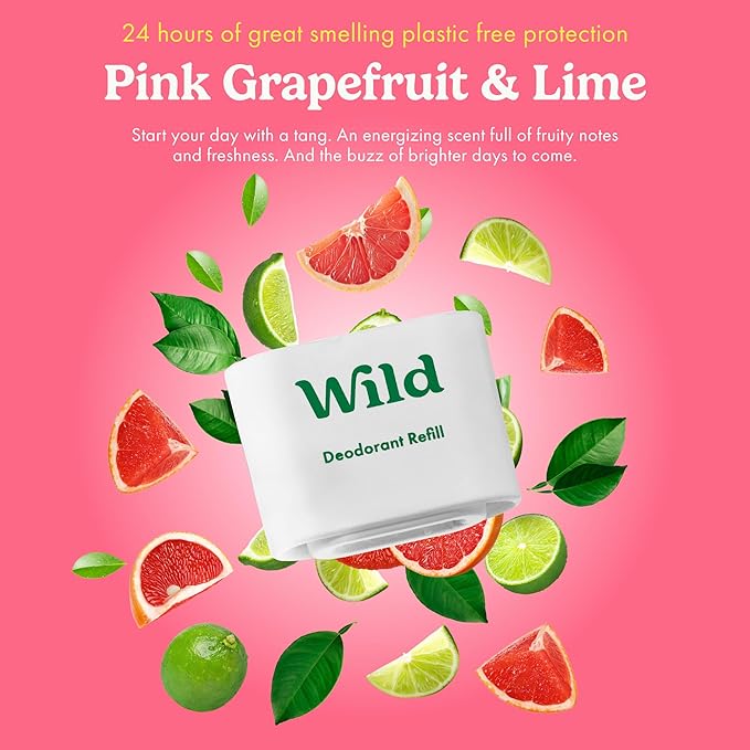 Wild Aluminum Free Deodorant for Men &amp Women Starter Kit - Refillable Stick Deodorant with Aqua Case and Pink Grapefruit &amp Lime Scented Refill (1.4oz) - Long Lasting Protection - Vegan Friendl