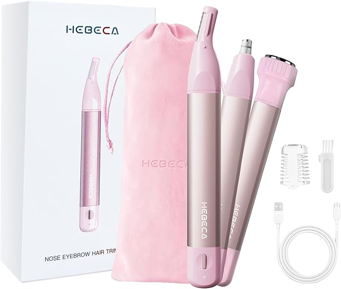 Nose Hair Trimmer for Women 3in1 Facial Hair Removal Trimmer - Metal Body Rechargeable Waterproof Portable - Nose Ear Eyebrow Peach-Fuzz Lips Chin (Pink)