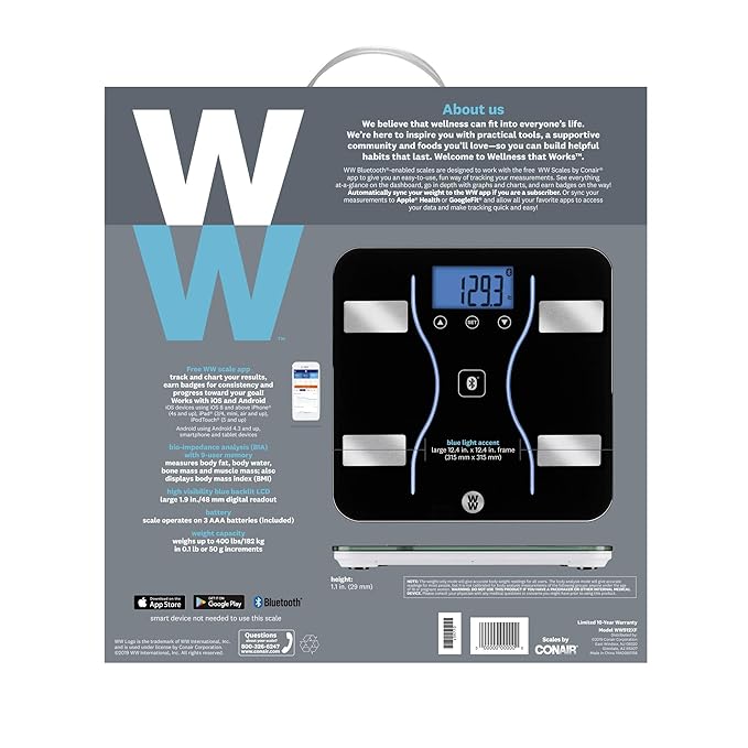 Weight Watchers Scales by Conair Bathroom Scale for Weight Glass Digital Scale Bluetooth Scale BMI Scales Digital Weight and Body Fat for up to 9 Users Measures Weight up to 400 Lbs Black