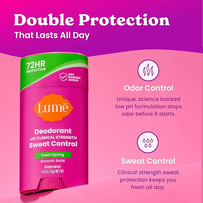 Lume Deodorant Plus Sweat Control - Smooth Solid Stick - Maximum Strength Antiperspirant - 72 Hour Odor And Sweat Control - Baking Soda Free Skin Loving - 2.6 ounce (Fresh Spring) Pack of 2
