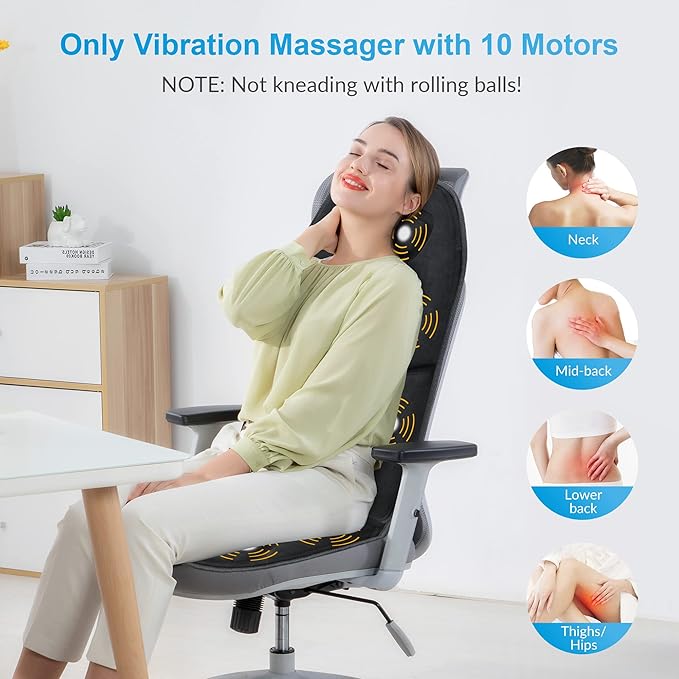 COMFIER Back Massager with Heat App Control Vibration Massage Seat Cushion 10 Motors &amp 3 Heat Levels Chair Massager Pad Gifts for MomDad Home Office UseBlack