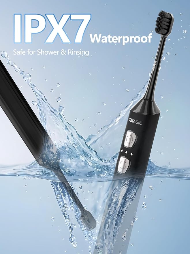 7MAGIC Sonic Electric Toothbrush for Adults and Kids - Up to 180 Days Runtime 42000 VPM Powered Toothbrush 5 Modes &amp 3 Intensities for Sensitive Teeth &amp Braces Includes 8 Brush Heads Black