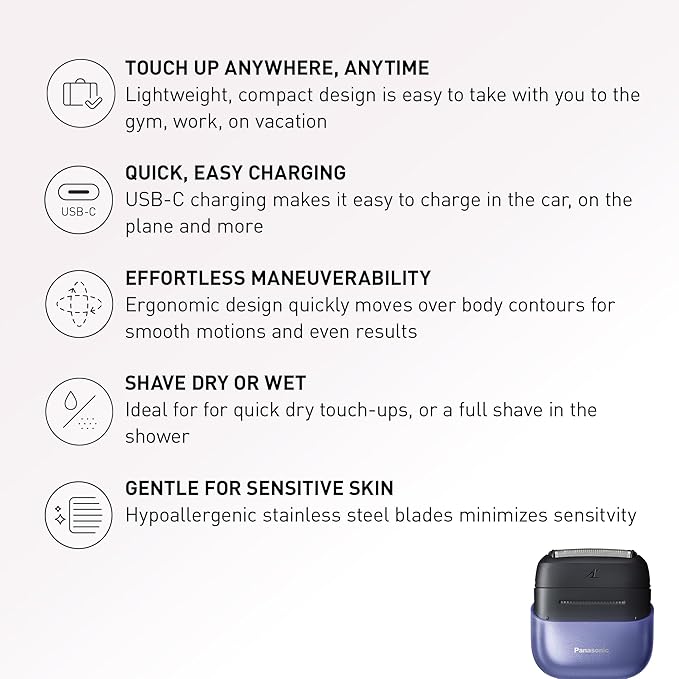 Panasonic Swipe Right Travel Shaver for Women Portable Electric Razor with USB-C Charging 3-Blade Cutting System for Dry or Wet Use - ES-CM3A-V