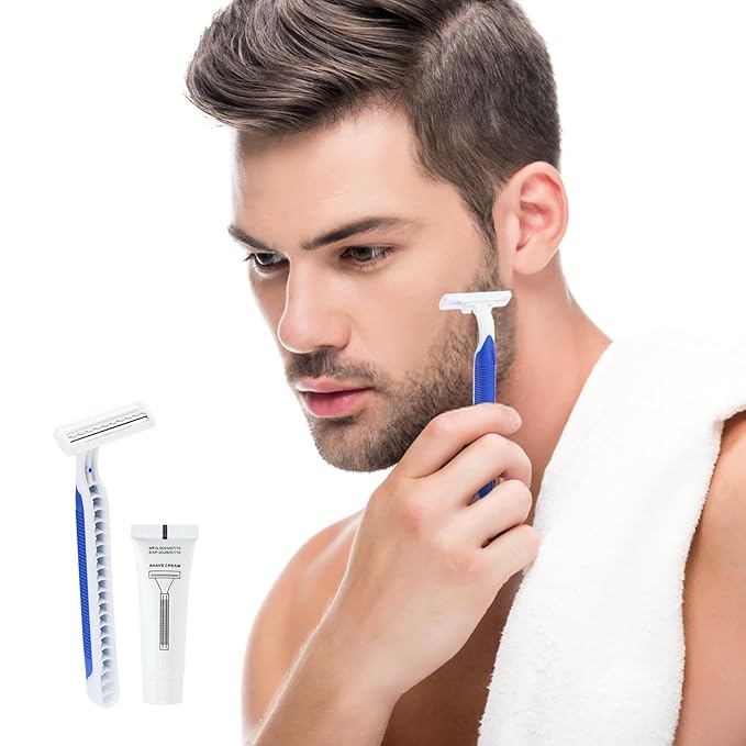 Disposable Razors in Bulk Pack of 120Blue Disposable Shaving Razors Individual Wrapped Twin Blade Bulk Disposable Razors with Clear Cap and 10g Shaving Cream for HomelessHotelTravelCharityShelter