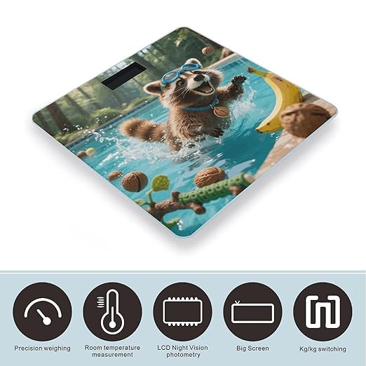 Raccoon Pool Dash Weight Scale Cute Bathroom Scale for Body Highly Accurate Digital Weighing Machine for People Compact LCD Display Scales with Sturdy Toughened Glass Scales