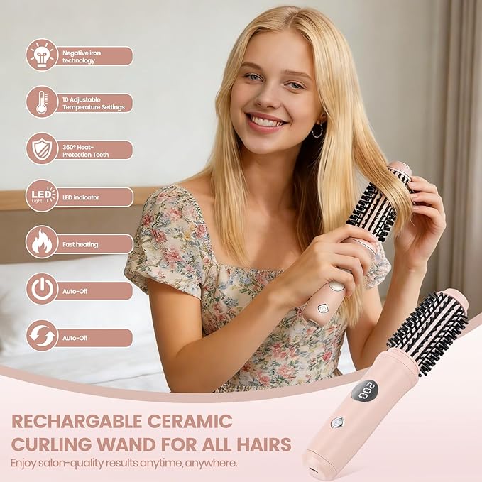 Cordless Curling Iron Brush for All Hairs Hot Hair Comb for Travel USB Recharged Ceramic Curling Wand Electric Heated Round Brush with 10 Temp Mini Dual Straightener Tools for Short Long Hairs