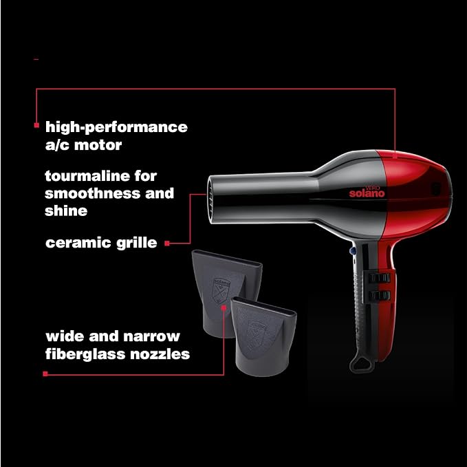 Solano Vero Rosso Ceramic Ionic Hair Dryer - Fast Drying 1600 Watt Lightweight Blow Dryer - Quiet + Ergonomic Design +Tourmaline for Added Shine and Smoothness - Italian-Made