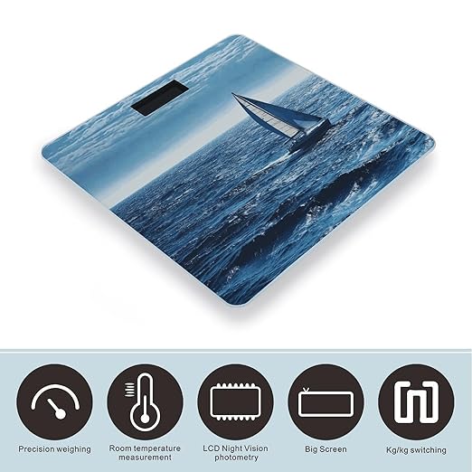 Blue Sea Sailboat Scale for Body Weight Anti-Slip Tempered Glass Digital Bathroom Scales Clear LCD Display Weighing Scale Safe Rounded Corners Smart Scales