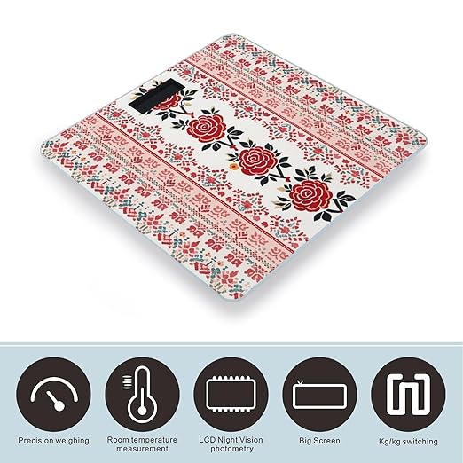 Ukrainian Embroidery Style Rose Scale for Body Weight Sturdy Tempered Glass Weighing Scales with LCD Display Accurate Digital Bathroom Scale Convenient Body Fat Smart Scales Easy Read