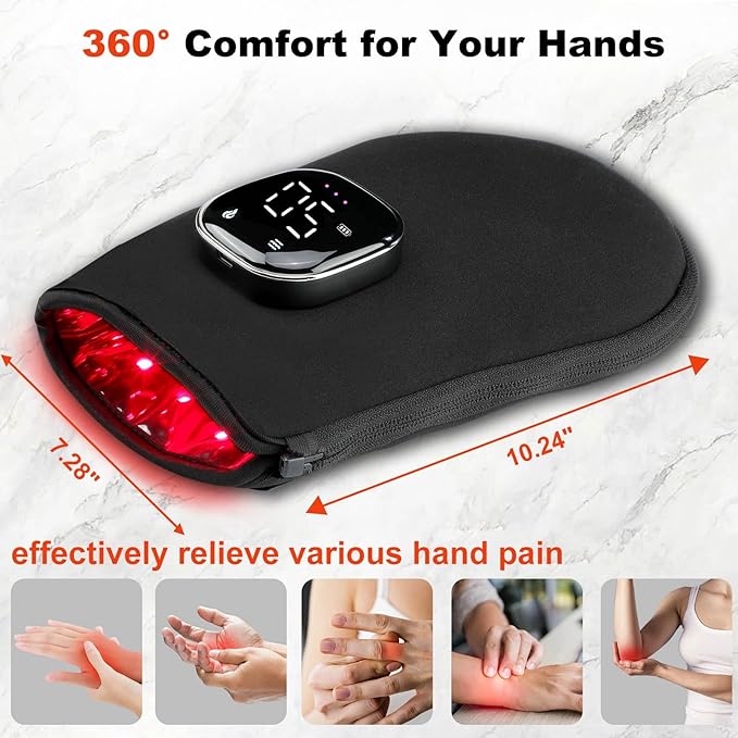 LOVTRAVEL 660nm Red Light Therapy Glove for Hand 850nm Near Infrared Light Device Mitten with Auto-Off Timer Rechargeable Pad for Hands Fingers Wrist Arthritis Joint Pain Relief