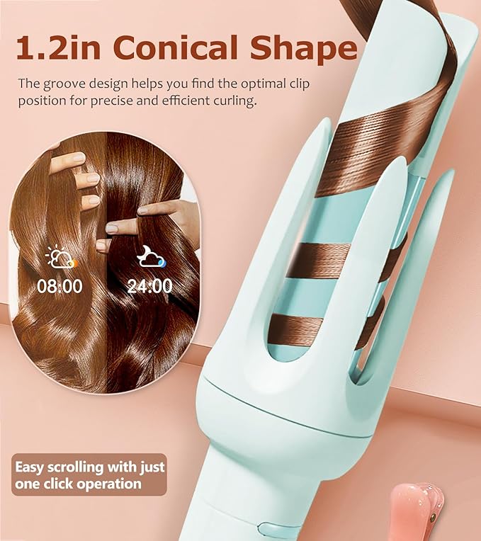 Auto Hair Curler Automatic Curling Iron with 4 Temperature &amp 3 Timer Automatic Shut-Off Anti-Scald Anti-Tangle Rotating Curling Wand for Hair Styling Blue