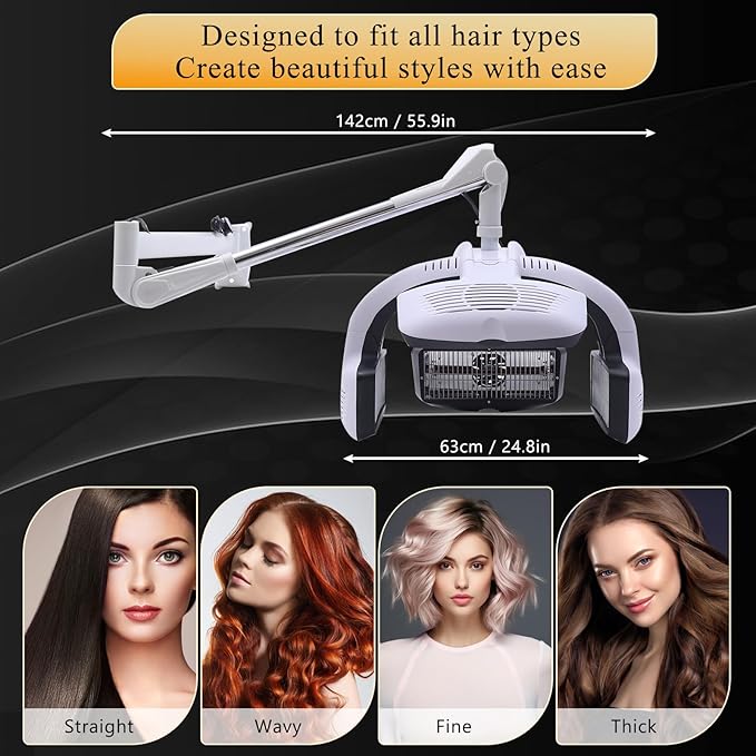 Wall Mounted Hair Dryer Professional Hair Dryer Heater 110V 1250W Hair Hood Dryer w/LCD Display Adjustable Swing Arm Hair Dryer Hair Processor for Hair Salon White