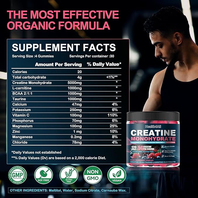 Health4All Creatine Monohydrate Gummies 5g for Men &amp Women Creatine Gummy for Strength Energy &amp Muscle Growth Support Pre-Workout Supplement - Raspberry &amp Blueberry 120 Gummy