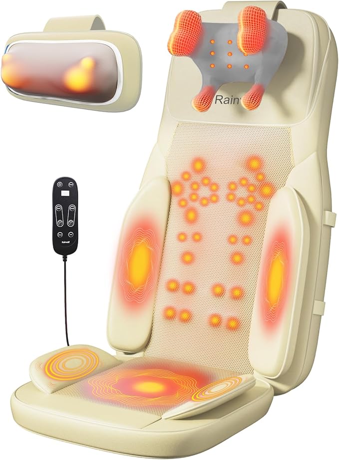 Rainwolf Shiatsu Neck and Back Massage Cushion with Heat - 4D Deep Tissue Kneading Full-Back Massager for Relief Tension Adjustable Intensity &amp Height for Office Chair &amp Home