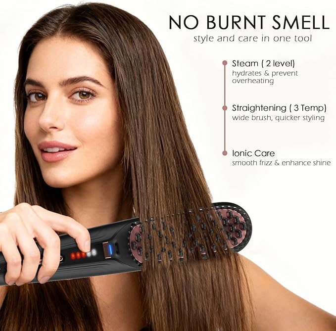 Tome Steam Straighteners for Hair Negative Ion Hair Straightener Brush with 2 Steam Levels 428°F High Heat Electric Hot Comb for Thick &amp Curly Hair Anti-Scald Steam Brush for Women Black