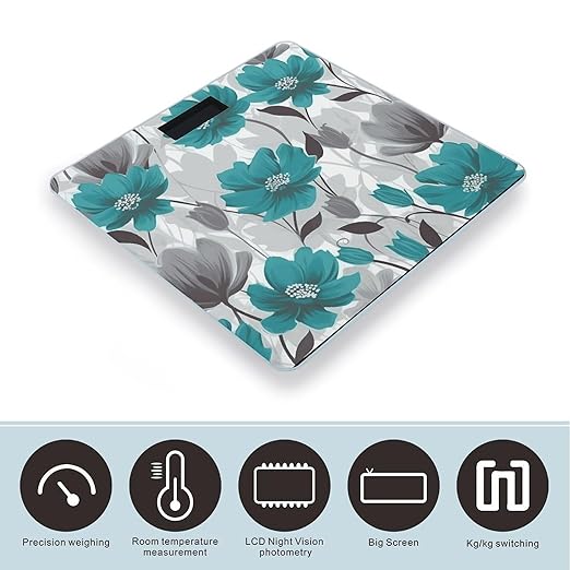 Teal Grey and White Floral1 Weight Scale Large Bathroom Scales Digital Weight with Bright LED Display Non Slip Automatic Weighing Scale Fashion Weighing Machine for Body