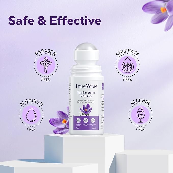 True.wise Underarm Roll On 50ml 4% Aha Bha2% Lactic Acid 1% Mandelic Acid 1% Salicylic Acid Controls Odour &amp Reduces Pigmentation 0% Aluminium &amp 0% Alcohol Long Lasting Flora Fragrance