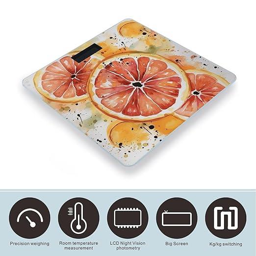 Watercolor Orange Slice Scale for Body Weight Anti-Slip Tempered Glass Digital Bathroom Scales Clear LCD Display Weighing Scale Safe Rounded Corners Smart Scales