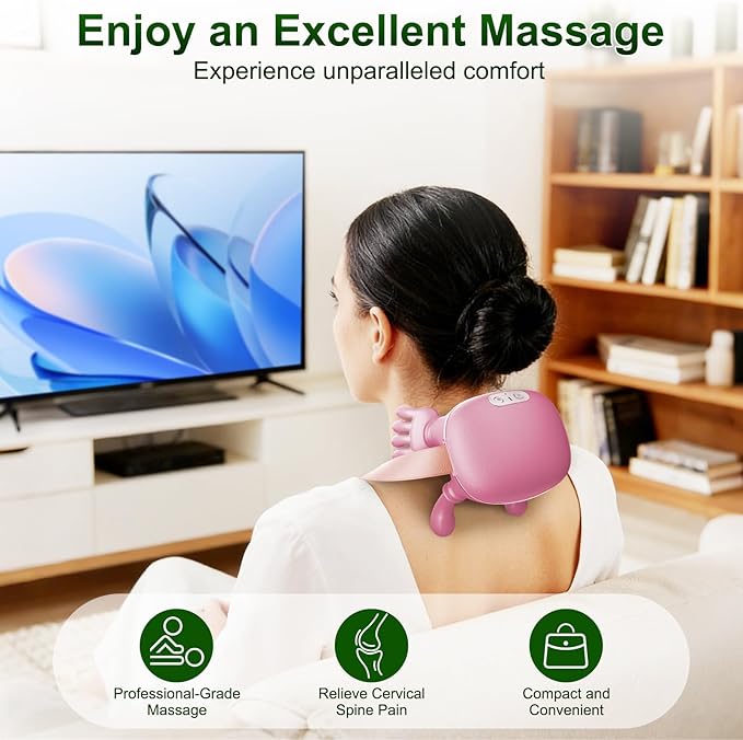 Neck Massager Neck and Back Massager with Heat &amp 4D Kneading Shiatsu Deep Tissue Wireless Massager for Shoulder Cervical Pain Relief Portable Rechargeable for Home Office (Pink)
