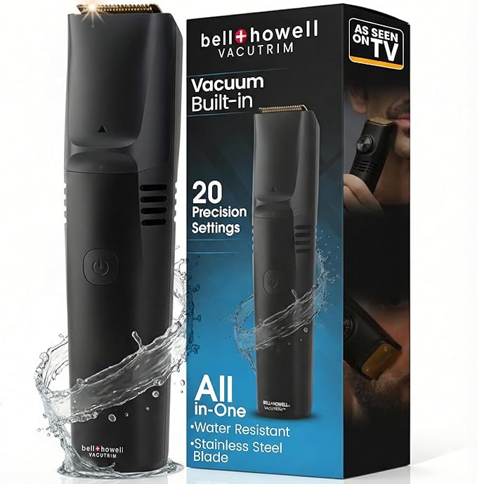 Vacutrim Cordless Mens Beard Trimmer Rechargeable Electric Shaver with 20 Trim Setting Calibration Dial and Built-in Vacuum for Mustache Sideburns. Facial Hair Black 7.5 As Seen On TV