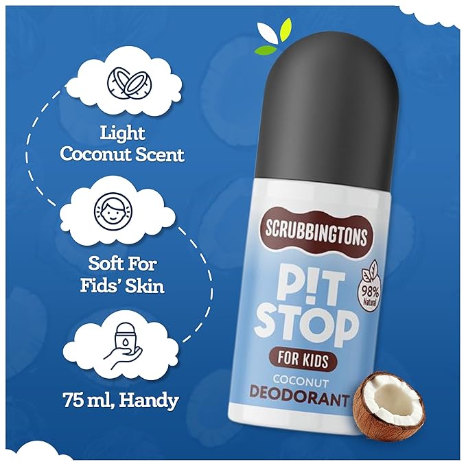 Scrubbingtons Pit Stop Kid’s Deodorant Children’s Roll-On Deodorant with Gentle Formulation Aluminium and Alcohol Free Coconut Scent – 75ml Quad Pack