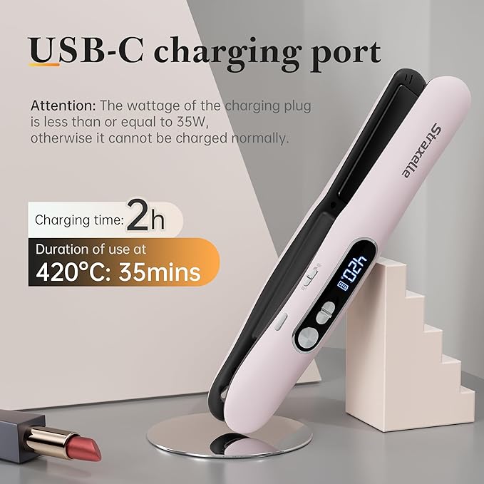 Mini Cordless Hair Straightener and Curler 2 in 1 Mini Portable Flat Iron Adjustable 350°F-420°F Travel Hair Straighteners LED Display/5000mAh Ceramic Flat Iron Hair Straightener for Women Men(Pink)