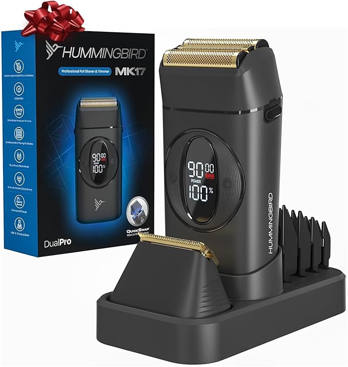 HUMMINGBIRD MK17 DualPro Foil Shaver &amp Beard Trimmer for Men – Gold Titanium Blades Digital Display Wet/Dry USB-C &amp Wireless Charging Dock with One Additional Foil Replacement Blade