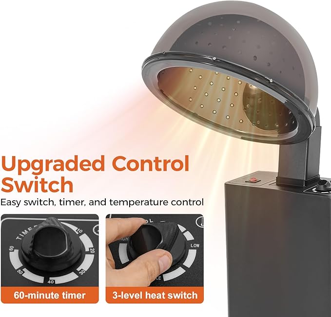 Hair Dryer for Salon Use - 1200W Freestanding Blow Dryer with Wheels Adjustable Timer &amp Temperature Large Hood Commercial-Grade Hair Dryer