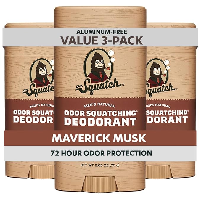 Dr. Squatch Natural Men’s Deodorant – Aluminum Free Natural Deodorant Men with Charcoal &amp Postbiotics for 72-Hour Odor Protection – Maverick Musk 2.65oz Stick (3-Pack)