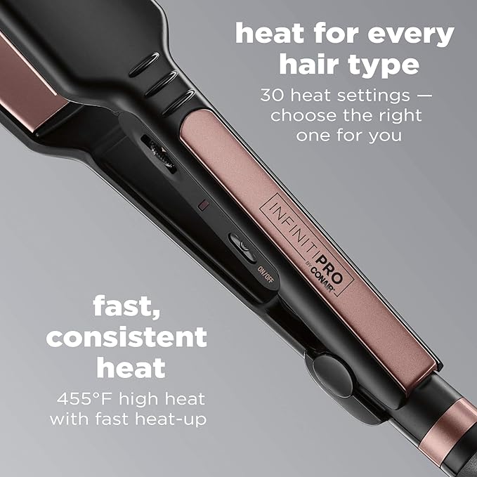 Infiniti PRO CONAIR Rose Gold Ceramic Flat Iron Hair Straightener 1 3/4-Inch Flat Iron with Extra-Long Plates Including a Floating Plate Advanced Heat Technology Black