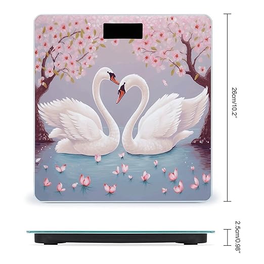 White Swans with Pink Floral Tree Scale for Body Weight Anti-Slip Sturdy Tempered Glass Weighing Machine Highly Digital Accurate Bright LCD Bathroom Scale for Household Gift