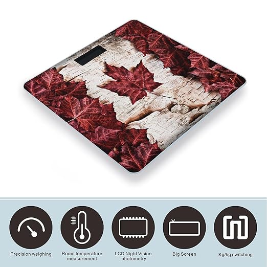 Canada Maple Leaf Bathroom Scale Automatic Power On/Off Body Scales LCD Backlight Display Square Digital Scale Rounded Corners Bathroom Scales for Home Bedrooms