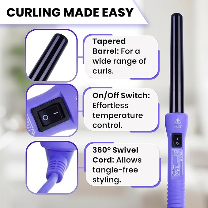 Herstyler Grande Ceramic Tapered Curling Wand - 1 inch Dual Voltage with Negative Ions for Long and Short Hair (Purple)
