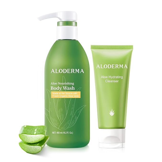 Aloderma Aloe Shower Set - Nourishing Body Wash Hydrating Facial Cleanser - Refreshing Soothing Hydrating