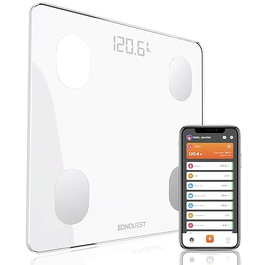 KONQUEST Smart Scale for Body Weight Digital Bathroom Scale BMI Weighing Bluetooth Body Fat Scale Body Composition Monitor Health Analyzer with Smartphone App 400 lbs - White