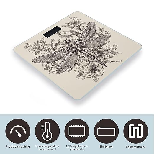 Hand Drawn Floral Dragonfly Weight Scale Large Bathroom Scales Digital Weight with Bright LED Display Non Slip Automatic Weighing Scale Fashion Weighing Machine for Body