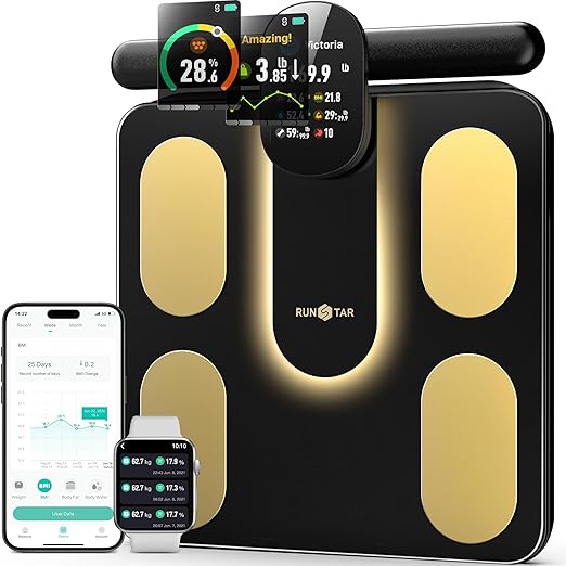 RunStar Smart Scale FSA&ampHSA Eligible 8 Electrodes Digital Bathroom Scale for Body Weight and Fat BMI Muscle Mass 28 Body Composition Measurement with Full-Color TFT LCD on Retractable Handle