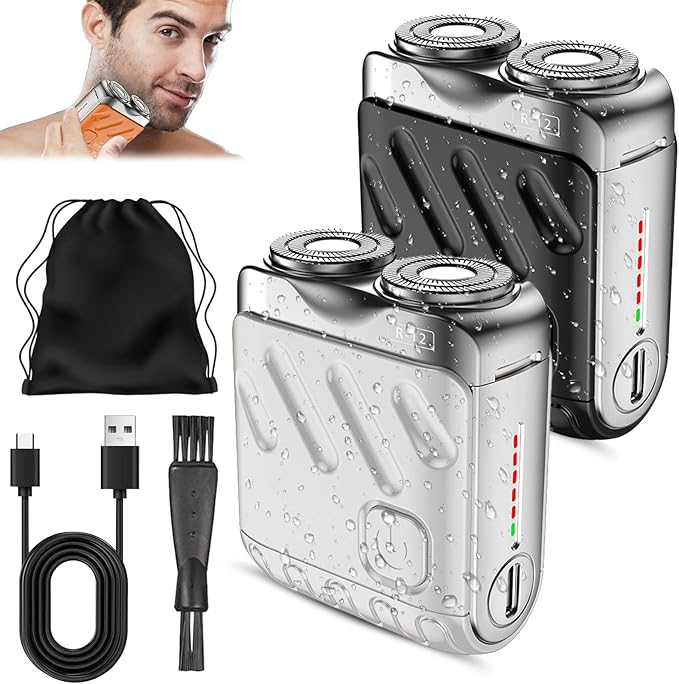 Small Steel Cannon Suspended Magnetic Blade Portable Rotary Dual Ring Electric Shaver Fully Waterproof USB Rechargeable One-Button Long Lasting Foil Shaver for Home Travel (2Pcs-B)