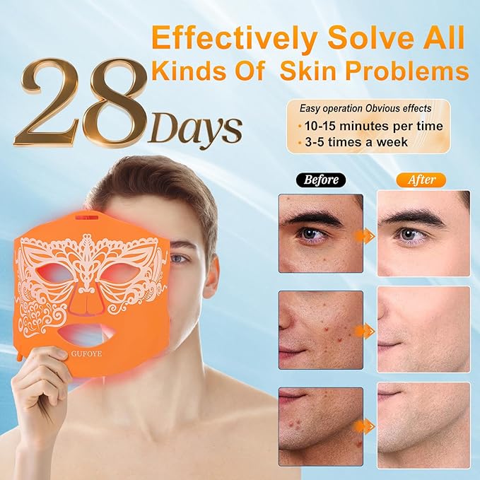 Red Light Therapy for Face Mask with Ice Compress 850nm Infrared Red Light Therapy 7+1 Light Modes Led Face Mask Light Therapy Level 5 Timing 3000mAh Led Mask Light Therapy for Home Orange