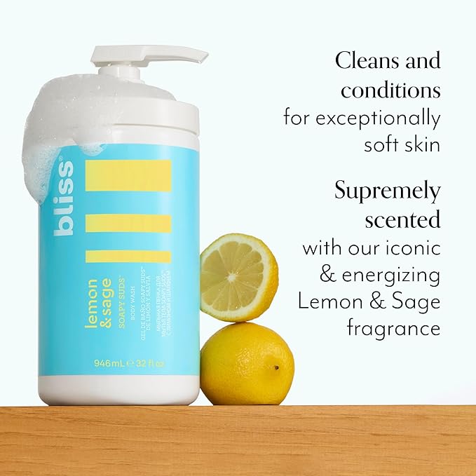 Bliss Soapy Suds Body Wash - Lemon and Sage - 32 Fl Oz - Gentle and Hydrating for Supremely Soft Skin - Paraben Free - Vegan &amp Cruelty Free
