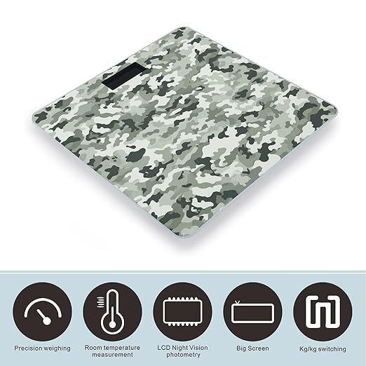 White Camouflage Scale for Body Weight Anti-Slip Tempered Glass Digital Bathroom Scales Clear LCD Display Weighing Scale Safe Rounded Corners Smart Scales