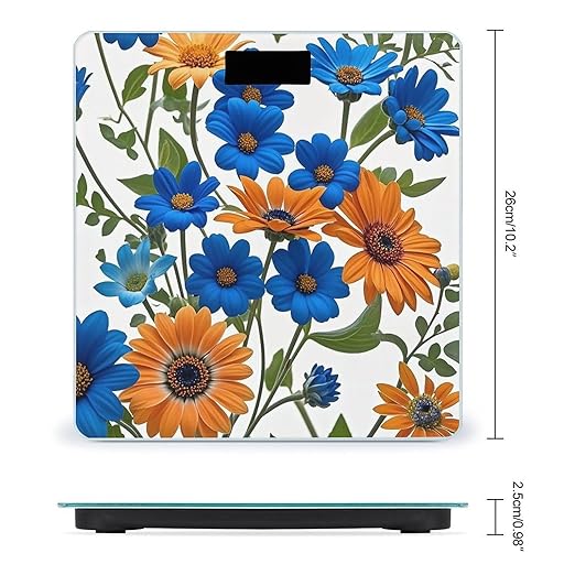 Blue and Orange Flowers on White Background Scale for Body Weight Highly Accurate Digital Bathroom Body Scale Digital Bathroom Scales for People Anti-Slip Large LCD Display Smart Scales