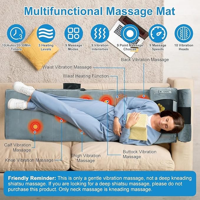 Heating Massage Mattress Full Body Massage Mat with 20 Heads Vibrating and Heat Therapy for Back Lumbar Leg Pain Relief Foldable Storage