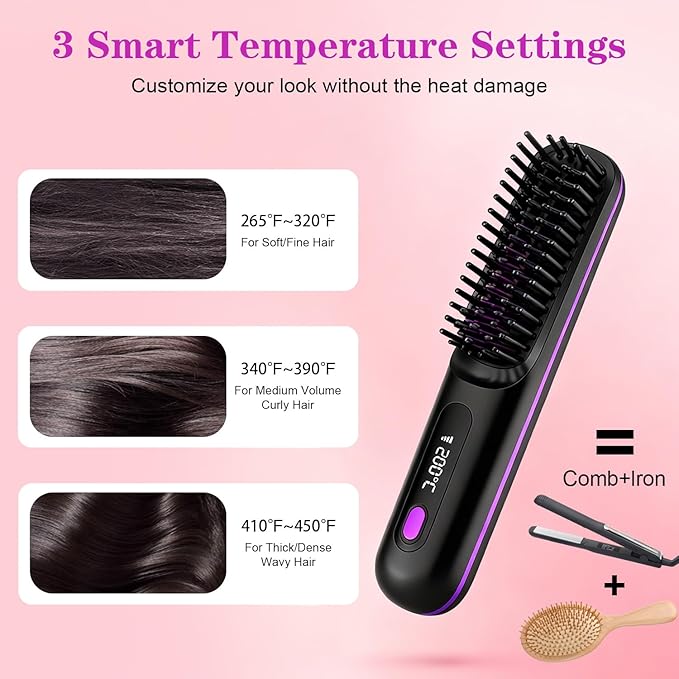 Go Brush Pro Cordless Hair Straightener Brush Portable Straightener Brushs for Travel Fast Heating Cordless Mini Hair Brushs with LED Display 3 Adjustable Temperatures Purple