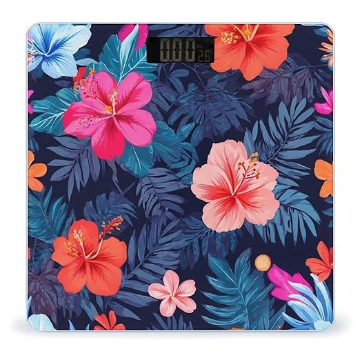 Smart Scale for Body Weight Digital Bathroom Weighing Scale Energy Saving Scale Hawaiian Colorful Hibiscus Flowers Tropical Palm Tree Leaves