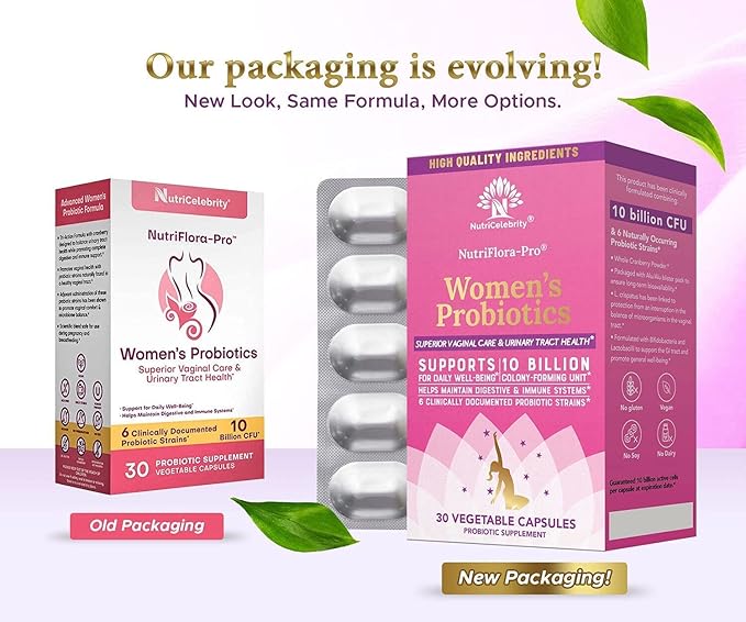 Nutricelebrity Probiotics for Women 10 Billion CFU 6 Strains Organic Prebiotics for DigestiveVaginal&ampImmune HealthPH Balance &amp Feminine HealthPeriod Pain BV Relief Cranberry Extract+ 3 P