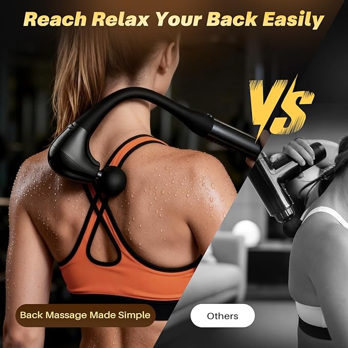 G4D Fascia Gun with Detachable U-Shape Long Handle 10mm Deep Tissue Percussion Brushless Motor Up to 2800 RPM Type-C Fast Charging Includes 4 Massage Heads for Back Neck Shoulder Relief